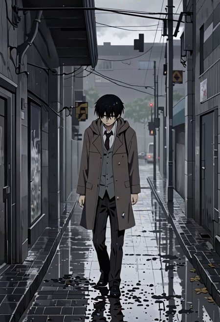Highres, Masterpiece, High Quality, 4K, 8K, solo, 1Boy, Takaki Toono, adult, black hair, short hair, footpath, urban, wet, slippery, puddle, heavy rain, overcast, dark, drenched, weak, beaten, looking down, sad, helpless, carelessm heartless, wet hair, withered plants, easynegative, detailed_eye_model