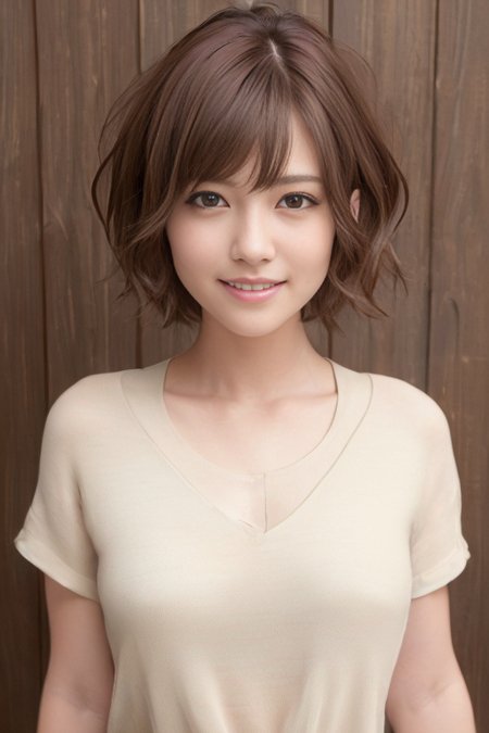 (1girl), (best quality), (masterpiece), (high resolution), (intricate details), (photorealistic), (cinematic light),  <lora:short_hair:0.3>
solo, realistic, short hair, brown hair, looking at viewer, smile, shirt, brown eyes, piercing, upper body, teeth, white shirt