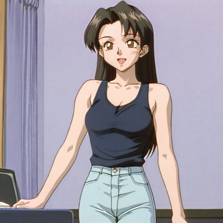 <lora:SakuraOVA_pony_v1:1>SakuraMisc, 1girl, tank top, pants, brown eyes, collarbone, black long hair, 1990s (style), retro artstyle, bare shoulders, cowboy shot