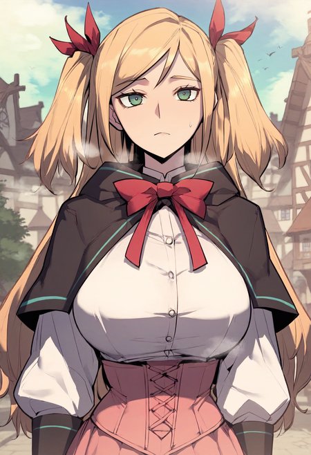 score_9, score_8_up, score_7_up, score_6_up, source_anime, rating_explicit, 1girl, solo, huge breasts, <lora:Euphemina2 prefectPonyxl:1> blonde hair, long hair, two side up, hair ribbon, red ribbon, green eyes, blue eyes, black capelet, white shirt, red bowtie, long sleeves, pink corset, pink skirt, expressionless, Narrow shoulders, heavy breathing, steaming body, village, outdoors, looking at viewer