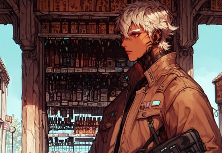 score_9, score_8_up, score_7_up, best quality, 1male, white eyebrows, white bonde hair, styled hair, short hair, white blonde hair, hair between eyes, red eyes, android, robot, robotic body parts, masuline, robotic neck, robotic arms, tan skin, black robotic parts, simple background, toned body, 
,
,
dynamic pose, character design, calm look, calm,
,
,
cowboy shot, brown long jacket, close up, from side, outdoors, street view, market, day, carrying a bag, shopping, 
