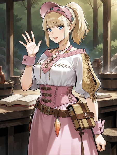 1girl,solo,counter,open hand,monster hunter \(series\),open book,open mouth,hand up,lips,ponytail,blonde hair,pink headdress,pink necklace,pink cross-laced clothes,pink corset,pink wrist cuffs,brown belt,pink long skirt,camp,looking at viewer,bar \(place\), outdoors, 
masterpiece,best quality,amazing quality,very aesthetic,absurdres,newest,<lora:Felicita & Clerk Suit Armor illuXL v1:0.75>,