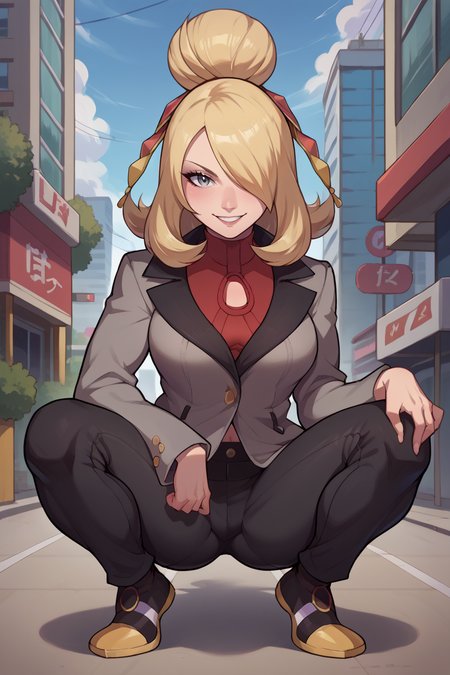 score_9, score_8_up, score_7_up, score_6_up, source_anime BREAK 1girl, solo  <lora:pkmncynthia-pdxl-nvwls-v1-000006:1> sygCyn, hair over one eye, hair bun, hairband, grey jacket, red sweater, clothing cutout, black pants, (big breasts:0.8), squatting, city, looking at you, smile