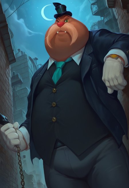 score_9, score_8_up, score_7_up, sfw, rotund, furry male, Rotor the walrus, green eyes, fangs, furry,  furry anthro, alley, dutch angle, posing, from below, clothed, (((dutch angle, posing, from below))), walrus, fat, overweight, walrus tusks, squinting eyes, smile, solo, 1boy, male focus, <lora:pony_monocles-step00000800:1>,(monocle),round eyewear, top hat,, suit, gloves, furry male, mustache, necktie, a robber-baron wearing a monocle on a chain on his left eye, top hat, white shirt, black vest from 1900 holding a pocketwatch, standing
BREAK
city, ruins, back alley, outside, night, moon, stars, ambient light,