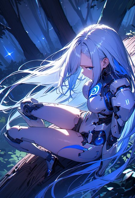 ((masterpiece), (best quality), (ultra-detailed), 
illustration, 3DMM,
1woman, deep blue eyes, blue hair , very long hair, forehead, shirt, necktie, black footwear, high heels, sitting, looking at viewer, trees, sitting on log, night sky, stars, forest, futuristic,  hand prosthesis, scifi , lrg prosthesis, glossy, armor, cyborg,  perfect body, silver and blue glow,  sharp focus, mechanical joints, face focus, tears, crying,breeze, hair fluttering in the wind,From side-above, looking up,
 ,blue neon, prostheses, cyber prostheses,sits high above the ground, from side-up, head on profile, one leg raised at 45 degrees, head thrown back, lean on hands, tilted back )