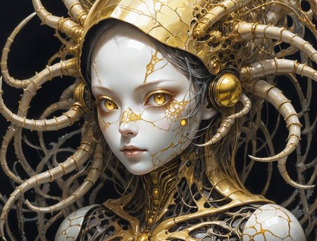 an image of fractal (creepy masterpiece anime artwork by Tsutomu Nihei, a [porcelain doll woman:beautiful porcelain woman:5], otherworldly beauty, kintsugi skin,  sensual gaze, a cute face, cracked porcelain, shiny reflective surface, hood, anime proportions, highres, 8k, by HR Giger, cybernetic robotic, strange but beautiful sci-fi, dystopian future,  otherworldly, wild and untamed, highly detailed, intricately detailed,) made of  symmetric  tide and warty round claws of    glimmer with meshed organs  of    cinders, ochre_yellow and mimosa_yellow and indian_red ,striking lighting,   highly detailed masterpiece, absurdres,