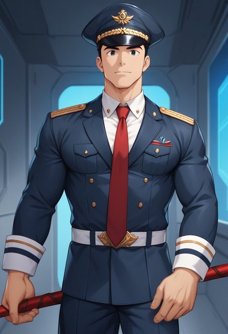 indoors, spaceship, science fiction, male focus, 1boy, solo, posing, holding staff, military uniform,  muscular, peaked cap, red necktie, looking at viewer
zPDXL3, score_9, score_8_up, score_7_up, (detailed, perfect anatomy, masterpiece, high quality, best quality) 1boy, male, male focus, solo, mature, black hair, short hair, black eyes, muscular, large pectorals, large biceps.