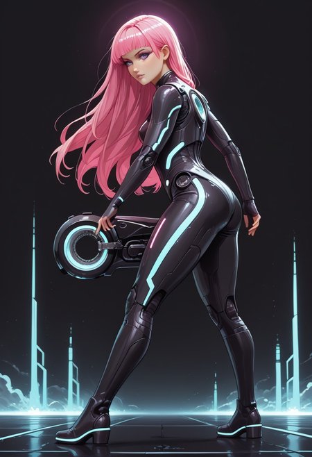 score_9, score_8_up, score_8, masterpiece, best quality, good quality, very aesthetic, absurdres, newest, 8K, depth of field, focused subject, dynamic angle, side view,  1girl,solo, CivChan, android,  holofoil glitter, faint, glowing, ethereal, neon hair, glowing hair, long hair, purple eyes, bodysuit, standing looking sweet, stance, coy,  sci-fimasterpiece, best quality, good quality, very aesthetic, absurdres, newest, 8K, depth of field, focused subject, dynamic angle, side view, 1girl,solo, CivChan, android, holofoil glitter, faint, (glowing:1.5), ethereal, neon pink hair, glowing hair, long hair, neon purple eyes, looking at viewer, serious, zzCitronLegacy, 
Looking like the character Gem from the movie Tron Legacy,  black suit with glowing purple circuits, thick thighs, white boots, black eyeliner, mischievous expression, rides a TRON Motorbike, tron, giant bike, with angular Speed trail, in a Neon landscape, towering (geometric) structures, dark with vibrant electric-cyan highlights, cinematic sci-fi lighting, Shot with wide-angle lens, motion blur, ultra-detailed, photorealistic Tron style, black background elements, giant cyan glowing grid across the entire background,