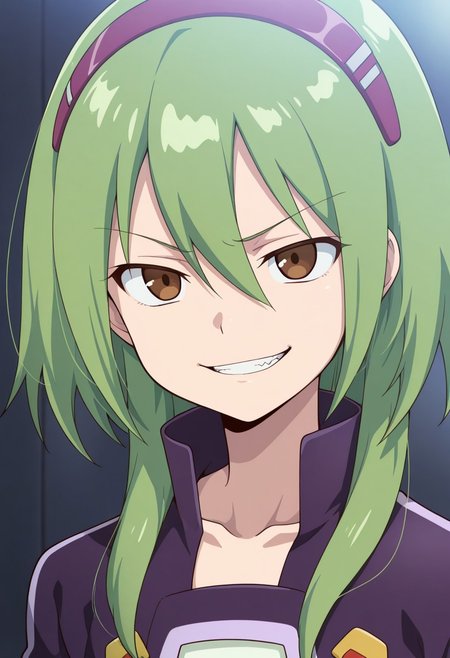 masterpiece,best quality,amazing quality, source_anime, 
FutabaTsukasa, 1boy, male focus, solo, brown eyes, green hair, hairband, collarbone, white shirt, purple jacket, cropped jacket, portrait, evil grin,