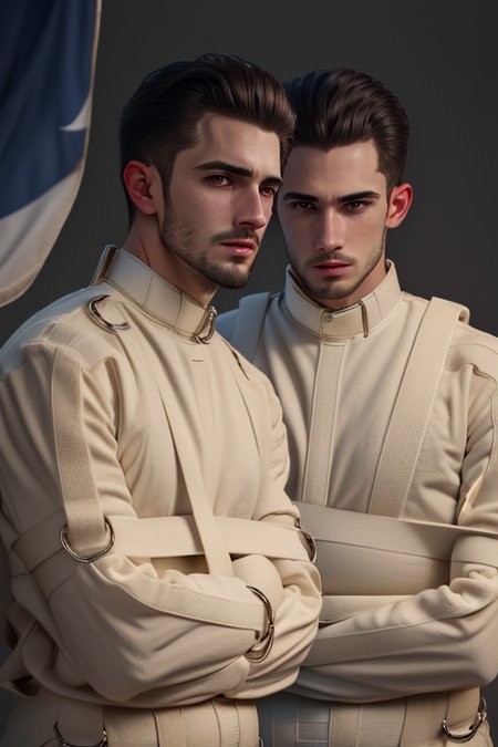 <lora:StraitjacketPsycho_v1:0.9>, 2boys, straitjacket, handsome, 8 k, absurbres, hires, best detail, flag background, biophilic, ray tracing, Chiaroscuro