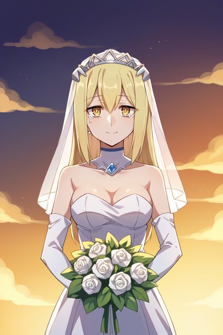 score_9, score_8_up, score_7_up, score_6_up, source_anime, BREAK 1girl, solo  <lora:aiswallenstein-pdxl-nvwls-v1:1> ais wallenstein, wedding veil, wedding dress, frills, elbow gloves, smile, expressionless, holding bouquet, sunset, tears in eyes