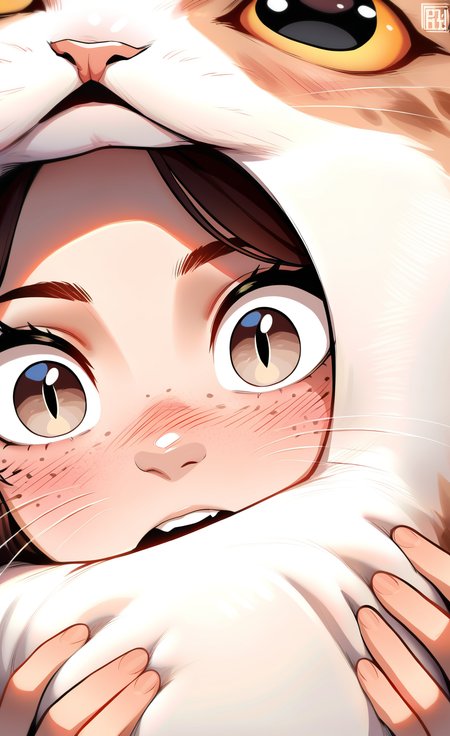 masterpiece, best quality, good quality, very aesthetic, absurdres, newest,  1girl, solo, open_mouth, brown_hair, holding, brown_eyes, teeth, grey_eyes, nose_blush, watermark, animal, cat, portrait, slit_pupils, surprised, close-up, freckles, wide-eyed, covered_mouth, straight-on, holding_animal, whiskers, holding_cat, eye_focus, animal_hug, looking_at_viewer <lora:ponyv5_noobE11_1_adamW-000013:0.8> <lora:style_nyanmix_styleXLIllustrious001:0.3> <lora:MeMaXL4:0.7>