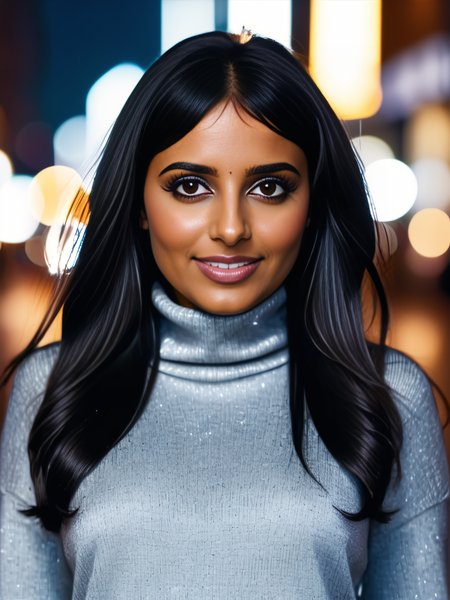 a photo of a pretty 30-year-old woman, desiespresso, professional portrait photo,high neck Silver turtleneck sweater, flowing black hair and bangs, smiling, soft lighting, solo, night time, city bokeh lights  <lora:Desi_Coffee_V30_SDXL_LoRA:1>