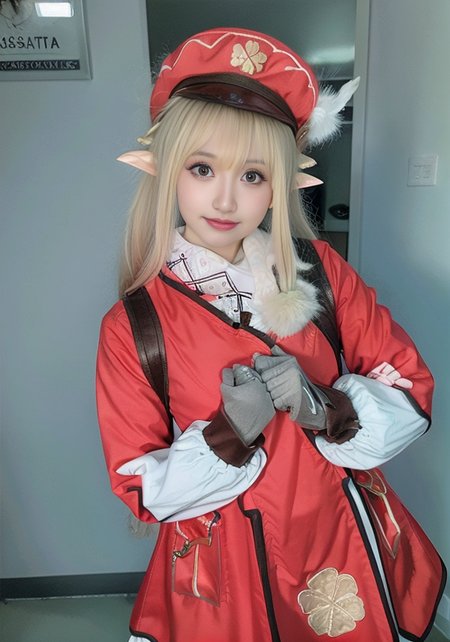 (masterpiece, best quality),detailed,  pointy_ears, hat, blurry_background, solo, blurry, 1girl, blonde_hair, hat_feather, elf, photo_\(medium\), gloves, klee_\(genshin_impact\), backpack, realistic, bag, depth_of_field, red_headwear,mittens,upper body,selfiemirror,(((arm around back))),