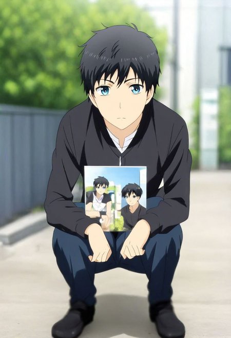 high resolution, solo, best quality, 1Boy, Arata Kaizaki, Black Hair, Blue Eyes, lofi, candid, squat, depth of field, photo model, looking at viewer, OverallDetail