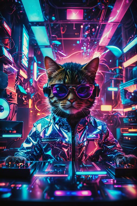 distorted perspective. a abstract vibrant scene featuring a Synthwave DJ cat. This cool cat is sporting futuristic display glasses and headphones, working contentedly at a mixing console in a lively disco. The background is illuminated with colorful disco lights, casting dynamic reflections around the room. The cat is dressed in a stylish 80s jacket, adding a touch of retro flair to the futuristic atmosphere. The scene should capture the energetic and nostalgic essence of the Synthwave genre, blending futuristic and retro elements seamlessly.  the entire image is bathed in a neon glow, featuring bold shades of blue, purple, and pink.
, photography, Natural geographic photo, Hyper-realistic, 16k resolution, (masterpiece, award winning artwork), many details, extreme detailed, full of details, Wide range of colors, high Dynamic,
<lora:add-detail-xl:2> <lora:MJ52:0.5> <lora:SDXLFaeTastic2400:0.8> Faetastic,  <lora:CBS_novuschroma37 style_b:0.5> novuschroma37 style, style of experimental photography, style of holga photography, light leaks, double exposure