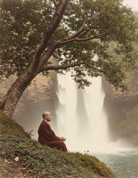 OldJapan style photo of a monk meditating under a tree in front of a waterfall