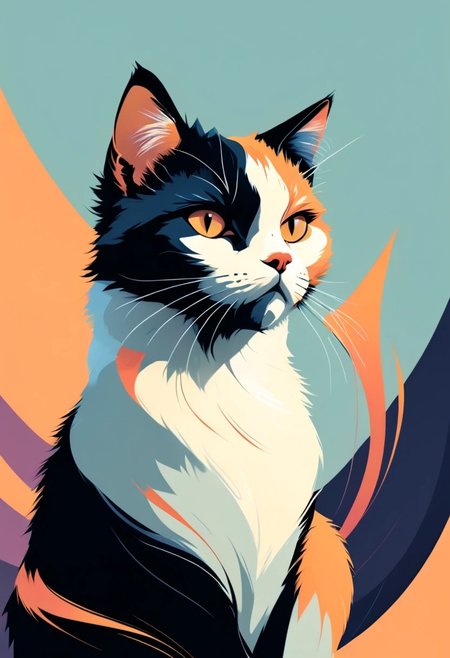 Minimalist vector illustration, a 3D realistic calico cat, fluffy, perfect sharp figure, , bold and stylish, futuristic  environment, portrait, artistic presentation, high aesthetic with acute angular designs, diagonal design, sharp angles, circular shapes, Pastel Color Palettes, bold background, flat color 2D Background, intense expression, modern urban style, clean lines, high contrast, darker shadows, highly aesthetics, full figure, perfectionism, sleek futuristic, clear, split scene, flat colors, ng_deepnegative_v1_75t, inkpunk, highres1.1