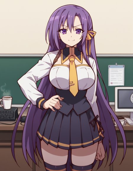 score_9, score_8_up, score_7_up, source_anime, <lora:fianna-ray-ordesia-s1-ponyxl-lora-nochekaiser:1>, fianna ray ordesia, long hair, large breasts, very long hair, ribbon, purple eyes, hair ribbon, purple hair,, skirt, thighhighs, school uniform, necktie, long sleeves, black skirt, pleated skirt, home office, working from home, computer screen, coffee cup, focus, deadline, smile, looking at viewer, smug, hand on hips,, solo,, cowboy shot, dutch angle