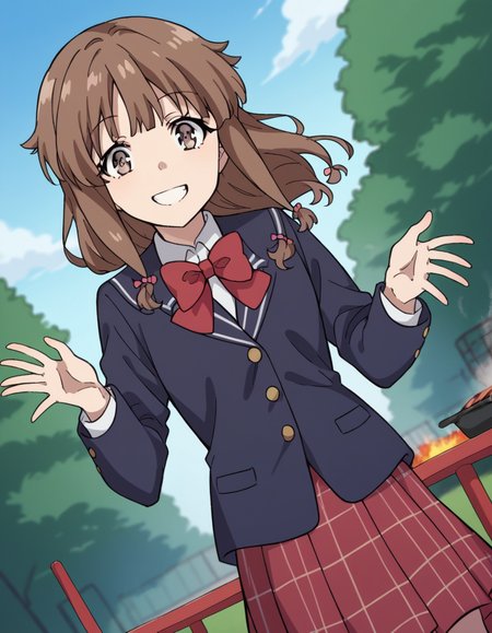 score_9, score_8_up, score_7_up, source_anime, <lora:kaede-azusagawa-s1-ponyxl-lora-nochekaiser:1>, kaede azusagawa, long hair, bangs, brown hair, brown eyes,, skirt, shirt, long sleeves, bow, school uniform, jacket, white shirt, pleated skirt, collared shirt, bowtie, red bow, black jacket, plaid, red skirt, plaid skirt, blazer, red bowtie,, backyard, barbecue, grilling, laughter, summer evening, smile, looking at viewer, solo,, cowboy shot, dutch angle