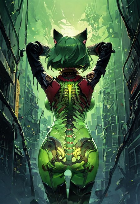 3l3m3ntp, cr1tter, detailed, transparent, (sexy pose), (back view:1.4), (POV viewer from belov:1.4), (fisheye:1.4)
woman, arms up, smirk, closed mouth, yellow eyes, makeup, fluffy green cat ears, short green hair, bangs, cat whiskers marks, large breasts,(green cat tail:1.4),socks, neck bell,
(futuristic night city tokyo:1.4), (green neon), brutalist architecture,
score_9, score_8, score_7, score_6, absurdres, skeleton, spine, hip_bones, ribcage, legs bones, solo, half body,
(transparent, transparent_body, transparent_skin),