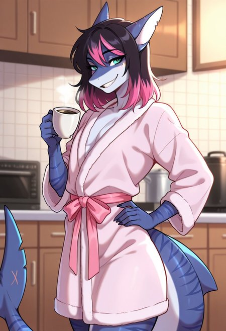masterpiece, best quality, amazing quality,,(detailed background:1.5),(detailed everything:1) 1boy, moonlitesunilll, furry male, femboy, solo, anthro shark,medium hair, multicolored hair, dark hair, pink hair, shark ears,pink bow in ears, teeth,  stripes on body, turquoise eyes, shark tail, BREAK, cute, wear only bathrobe, one hand holding a cup of coffee, one hand on hip, kitchen background, highres, high quality, masterpiece, seductive smile ,