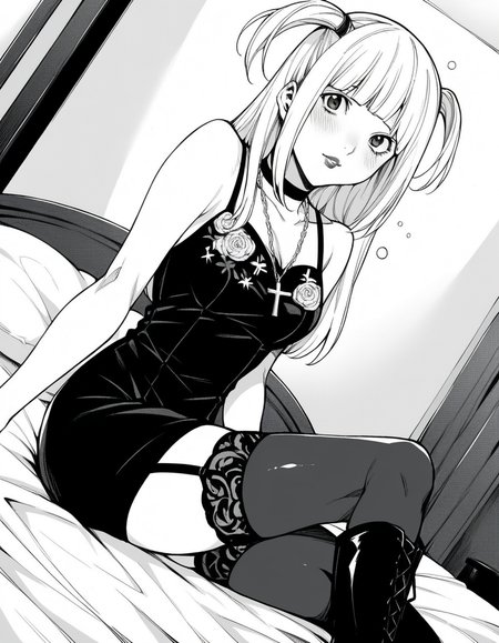 score_9, score_8_up, score_7_up, source_anime,
misaamane, <lora:misa-amane-manga-ponyxl-lora-nochekaiser:1>,
misa amane, long hair, bangs, blunt bangs, two side up, lipstick,
thighhighs, dress, jewelry, collarbone, boots, detached sleeves, choker, black thighhighs, necklace, black footwear, black dress, sleeveless dress, garter straps, black choker, short dress, floral print, cross, cross necklace,
indoors, bed, bed room, on side, blush, drunk,
looking at viewer, cowboy shot, solo, dutch angle, greyscale, monochrome,