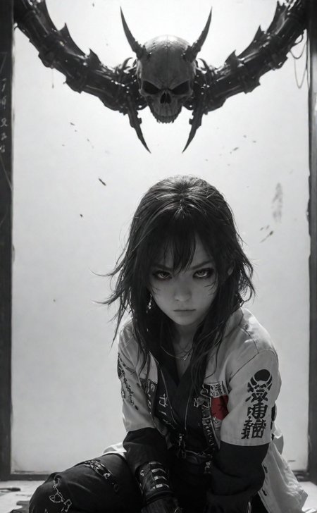 (assassinkahb style:1.2), a black and white photo of an Cyborg Samurai assassin wearing a high collar jacket with japanese writing on the back, fight stance, fists up, Split, solo, simple background, shoulders implementations of wires and nano Future Tech, Large sedge hat, 1boy, white background, jacket, monochrome, upper body, greyscale, male focus, long hair in wind, weapon, clothes writing, skull, skeleton, japanese flag, creating a Synthwave sunrise scene with bleaked dark colorful Neon and black details,