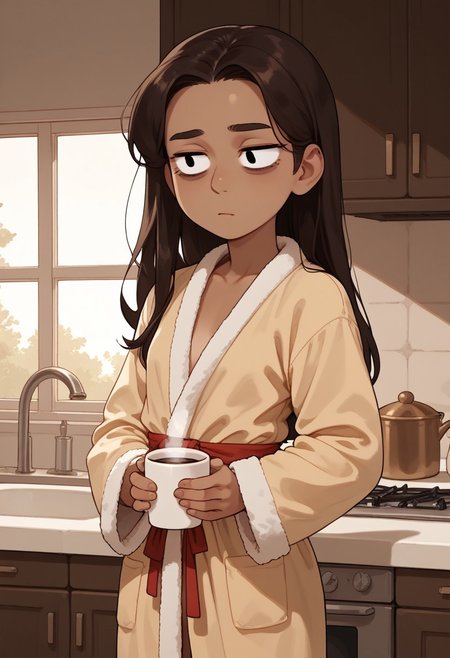 source_cartoon, solo, Loui$e,, long hair, dark brown hair, tan skin, black eyes,, 18-years-old, small breasts, nsfw, wear only fluffy bathrobe, loose clothes, one hand on hip, sleepy eyes, eyes half close, bags under eyes, , indoors, kitchen background, flat chest,
standing, indoor, kitchen, one hand holding a cup of coffee, petite, score_9, score_8_up, score_7_up, score_6_up, score_5_up, score_4_up,<lora:Louise_v1:1>
