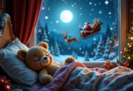 Christmas night, cute bear doll sleeping in bed, smiling and eyes closed, on the windowsill, moonlight, Santa's boots hanging, Christmas tree next to the bed, Santa Claus flying through the window Image of reindeer sleigh, smiling face, and clay model,
aidmafluxpro1.1