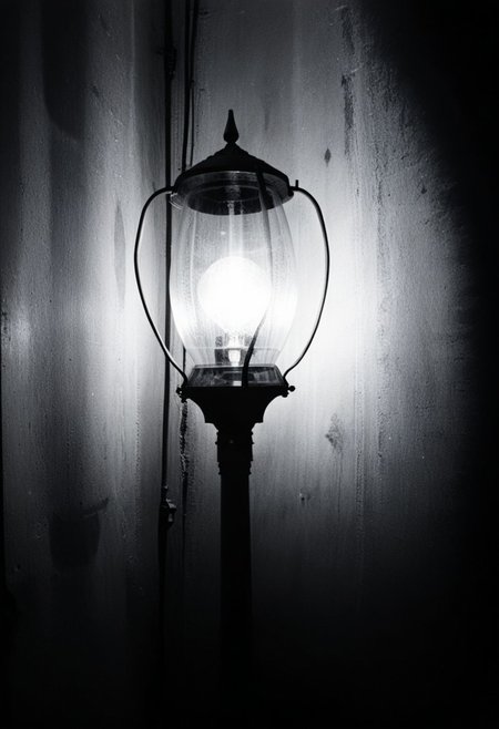 detailxl, 80sc1nemat1c5tyle, creamy bokeh, black and white, colorless, monochrome, BREAK, street lamp, street light, night, darkness, extreme close-up
