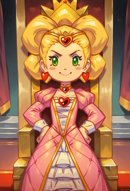 Score_9_up, score_8_up, score_7_up, score_6_up, 1girl, solo, Duchess_B_MSK, blonde hair, gold choker, green eyes, pink dress, heart earrings, heart brooch, blush stickers, gold circlet, smile, chibi, standing proudly, indoors, throne room, hands on hips, adult, (realistic, painted art)