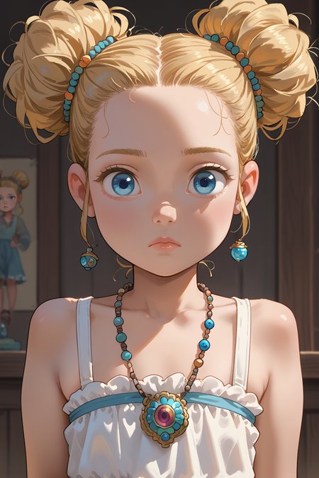 score_9,score_8_up,score_7_up,
 <lora:Goldilocks:0.8>
1girl, solo, young, female child, goldilocks, blonde hair, blue eyes, hair buns, hair ornaments, necklace, pretty, cute, flat chest,
confused, looking at viewer,
 <lora:Jabstyle_AMXLV1:1>