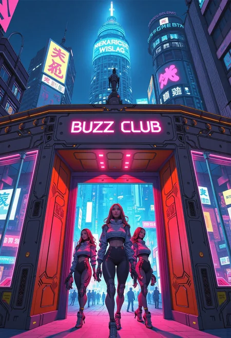 The entrance to "BUZZ Club," a towering and surreal nightclub rising from a bustling cyberpunk metropolis, its silhouette illuminated by massive neon signs, holographic banners, and animated light sculptures. The building’s edges shimmer with smart glass and reflective alloys, while pulses of energy ripple through glowing conduits and circuitry running along the walls. The details are robotic elements and interactive tech—holographic greeters, rotating AI projectors, and synthetic fog machines emitting bursts of colored vapor. Three elegant cyberpunk hostesses stand at the main gate, their presence magnetic and stylish. They wear high-fashion cyberwear: corset-inspired jackets made of reflective polymers, modern trousers with LED-thread accents, and sharp, geometric heels. Their accessories include nano-glass eyewear, bio-integrated jewelry, and wearable tech bracelets. The scene glows with a moody, electrified atmosphere, blending Arcane’s painterly richness with a slick, digital edge.