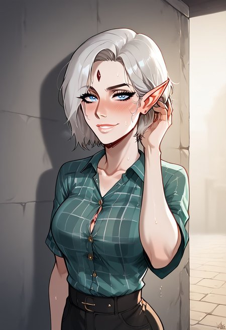 score_9, score_8_up, score_7_up, score_6_up, score_5_up, dreadlord, fit feminine body, white hair, choppy bob cut, short hair length, white skin, pale skin, pale blue eyes, (dark elf tattoos:1.2), pointy ears, short ears, sharp nails, smirking, seductive pose, seductive, aroused, blushing, highly detailed, detailed eyes, voluptuous, looking at viewer, ((love to see viewer)), 2D, five fingers, ancient Rome and Greece, rational, high detail, 8k resolution, ultra detailed, close up shot, red plaid shirt, mid riff, crop tie red plaid shirt, steamy, drenched in sweat, volumetric lighting, atmospheric lighting, high quality, sweating, tucking hair, tucking hair, hand up, hair tucking, hand in hair, adjusting hair, leaning against wall, <lora:tuckinghair_Pony_v1:0.8>, cleavage, 
<lora:Dark_Elf_Dreadlord_PonyXL_Total_War_Warhammer:0.7>