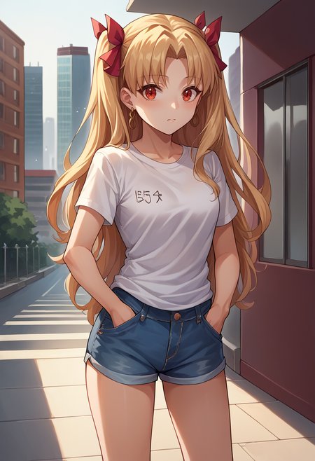 score_9, score_8_up, source_anime, Ereshkigal, two side up, hair ribbon, t-shirt, denim shorts, standing, outdoors, city, hands in pockets, <lora:CHAR-EreshkigalPonyXL:1>
