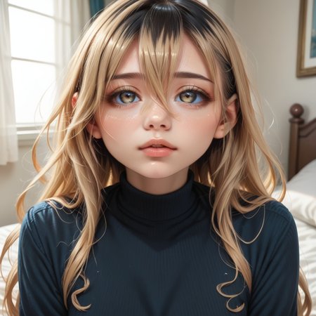 score_9_up, score_8_up, score_7_up, (masterpiece), (best quality), (ultra-detailed), (very aesthetic:1.2), intricate details, perfect composition, absurdres, romantic atmosphere, 
1girl, solo,  <lora:OchiaiPONY:1>,ochiai,multicolored hair,blonde hair,hair between eyes,long hair,brown eyes,
sweater dress,blue dress,pantyhose,long sleeves,
fantasy inn, bedroom, sitting,
<lora:43stl1ght1ngXLP2:0.5>, 43stl1ght1ng, <lora:Expressive_H-000001:0.8>, expressiveh, <lora:d3t41l3dXLP:0.5>, d3t41l3d, <lora:add-detail-xl:1>, zPDXLrl