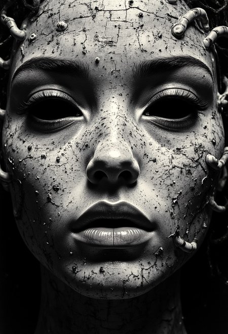 An ultra close-up portrait of a woman’s face, filling the entire frame, leaving no visible background. Her skin is not smooth, but formed entirely from thousands of tiny, overlapping fingers, seamlessly interwoven to shape the contours of her features—cheeks, brow, nose, and jawline. Each hand is static, frozen in place, its fine details crisp and tangible, with visible creases, knuckles, and fingernails. Her eyes are not traditional eyes but two hollow, dark voids, framed by open fingers curled inward, mimicking the shape of eye sockets. The depth inside these voids is infinite, absorbing light rather than reflecting it, making them appear hauntingly empty yet impossibly deep. Her lips are formed by tightly interlocked fingers, positioned in a way that mimics a mouth, yet their rigid stillness makes them unsettlingly unnatural. The illusion of human softness is lost, replaced by the uncanny texture of layered skin and fingernails. The mouth does not open, nor do the fingers move—only the eerie symmetry and unnatural formation of the face hint at something beyond human. The fingers composing her face are not chaotic, but deliberately placed, each one fused into a perfect, unnerving pattern that creates the illusion of organic facial structure. Their textures vary, some smooth and youthful, others rough and calloused, creating an unsettling contrast in detail. The edges of her face fade into a dark void.