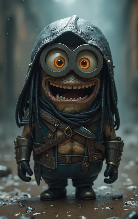 Imagine a Minion with Predator's mask and scaly skin, and Assassin's Creed costume and hidden blade. His large, round eyes gleam with a mischievous spark, while his smile is a wicked, knowing grin.

The Assassin's Creed costume is a dark, practical attire, complete with a hood and a hidden blade. The metal elements of the costume glint in the dim light, adding to the overall sense of danger and lethality. The Predator's mask adds a menacing touch to the Minion's already playful face.

The atmosphere is dark and gritty, with a thick fog swirling around the Minion's feet. The colors are muted, with shades of black, gray, and brown dominating the palette. The lighting is dim, with long shadows stretching out across the ground. The overall effect is a photorealistic image that blends the characteristics of the different characters into a cohesive, menacing whole