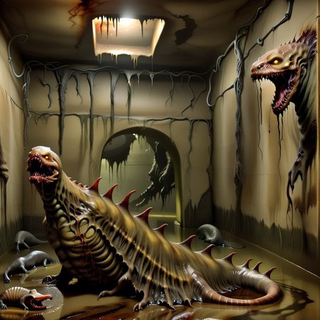 terra_vermis, Dark Fantasy page, Inside a crypt. sluggirl,  undead, twitching, writhing. Walls made of flesh. Painting. Monster Manual. s34slug, flaps, stalks
zombie slug hybrid man monster.