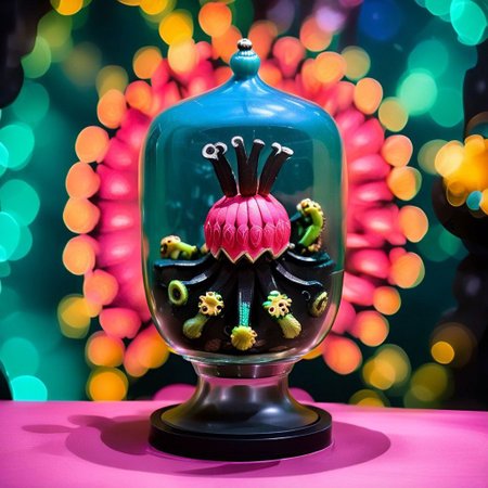 An award winning photograph, half-watermelon half-octopus crammed inside a small glass jar, aboard a futuristic tropical interstellar space craft, 1970s Brazilian Tropicalia science fiction B-movie, moody cinematic lighting backlit light distorted with gravitational lensing