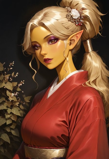 masterpiece, best quality, newest, absurdres, highres, DFAV1.5, 
1girl, asian, asian female, elf, elf girl, pointy ears, long hair, yellow skin, blonde hair, golden colored skin, ponytail long ponytail, high taied ponytail, makeup, mascara, brown eyes, golden eyes,
kimono, red kimono, japanese clothes, hair ornament,