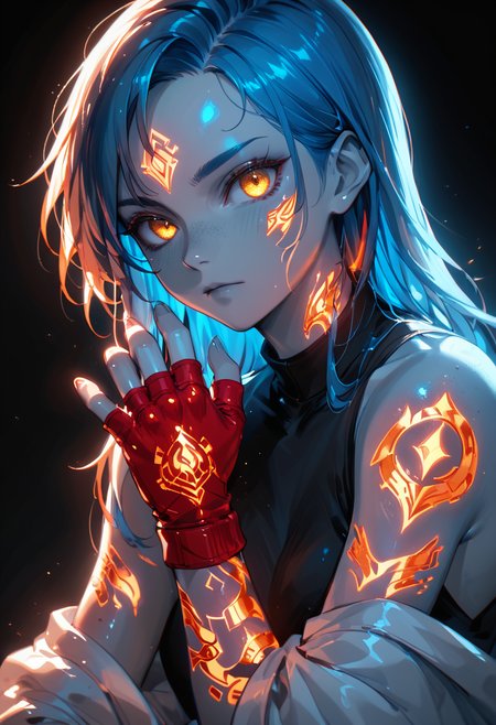<lora:Style\glowneon_xl_v1:1.0> <lora:SelectiveColoringStyle:0.15> <lora:Concept\g1owingtatt00:1.0>, score_9,score_8_up,score_7_up,score_6_up,score_5_up, 1girl, orange hair, blue inner hair, golden eyes, red fingerless gloves, (black background, monochrome, spot color, selective coloring, grayscale skin), glowing tattoo, (luminous), glowneon