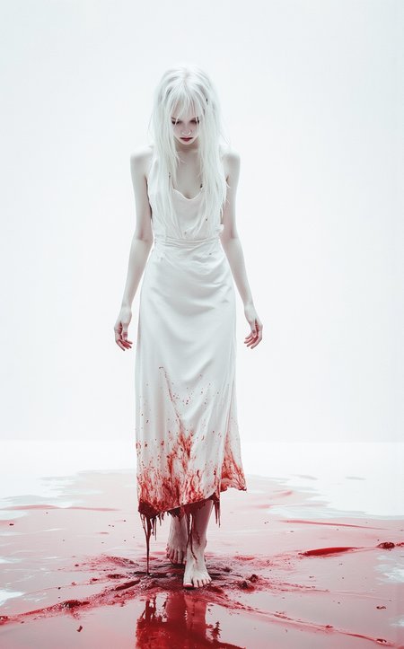 An ethereal albino woman (skin like polished bone, hair white as static) walks through a shin-deep pool of crimson liquid, her pristine white gown slowly blooming red from the hem upward. The background is an abyss of blinding white, making her the only flaw in a sterile void.

Key Details:
The Woman:
Gown & Stance:

Backless silk column dress, clinging to her emaciated frame like a second skin.

Hem dissolving into bloody tendrils, the stain creeping upward at a glacial pace.

Bare feet disturb the liquid, sending perfect ripple-circles across the frame.

Skin & Hair:

Zero pigmentation—even her lips are moon-pale, only her pink irises betray life.

Eyelashes so pale they cast no shadow, making her eyes pits of raw emotion.

The Liquid:
Thick as mercury, reflecting her distorted silhouette in oil-slick patterns.

Surface tension breaks where she steps, revealing glimpses of submerged teeth (human?).

The White Void:
No horizon line, no texture—just infinite sterile brightness.

Her shadow is violet-black, stretching far behind her like a stain she can’t escape.

Leibovitz’s Signature Touches:
✔ Brutal Contrast: Her purity vs. the creeping corruption.
✔ Hidden Horror: The liquid isn’t water—it’s too viscous, too still when untouched.
✔ Fashion as Narrative: The dress is Chanel couture (Fall 1996, ironically about rebirth).

Technical Specs:
Camera: Hasselblad H6D-400c (100MP to capture every thread staining).

Lighting: Ring flash for clinical harshness, no fill light.

Liquid: Corn syrup + red dye + black ink (for unnatural density).