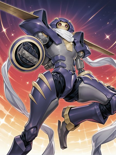 junk warrior, white scarf, no humans, robot, solo, looking at viewer, brass knuckles, from below, gradient background, leg up, official art
masterpiece,best quality,amazing quality,very aesthetic,absurdres,newest,<lora:Junk Warrior illuXL v1:0.82>,