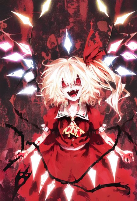 1girl, solo, flandre scarlet, wings, red eyes, blonde hair, laevatein \(touhou\), dress, blood, weapon, open mouth, ascot, side ponytail, ribbon, red dress, short hair, fangs, no headwear, crazy eyes, hair ribbon <lora:banpaiAkiraOSXL_NBVP1_lokr_V6311P:0.95>