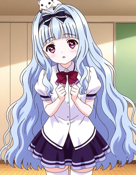 general,highres, ultra-detailed,very aesthetic,best quality ,best hands,  BREAK <lora:Watayuki_BP_IS:1>Watayuki(BP), 1girl,solo, hairband, very long hair, hair bow, purple eyes,  hair intakes, light blue hair, blunt bangs, wavy hair,
 thighhighs, school uniform, skirt, white thighhighs, bow, zettai ryouiki, ribbon, indoors, short sleeves, shirt, 
open mouth, pink eyes, white shirt, puffy sleeves, looking at viewer, miniskirt,
3_animals,  white_ferret, animal on head,