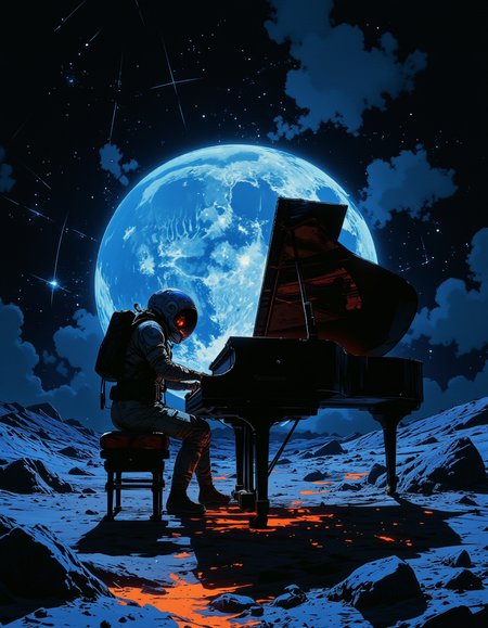 detailed digital illustration of an astronaut in a spacesuit playing a grand piano on the moon's surface. The Earth is prominently featured in the background, glowing with a blue light. The scene is set at night with a starry sky. The astronaut is seated on a piano bench, with the piano keys softly glowing. The camera angle is from the side, showing the astronaut's profile and the entire piano. The lighting is soft, with a blue tint highlighting the astronaut and the piano, highly detailed, vibrant colors, glowing effects, neon, <lora:Luminous_Shadowscape:0.8>, <lora:VividlySurreal:0.6>, <lora:NeonFantasyPrimeFLUX:0.6>