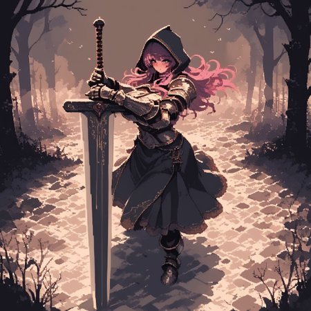 score_9, score_8_up, score_7_up, source_anime, fine sketch, manga style, monochrome, csr style, d3p1x3l, pixel art, 
(1girl), pink hair, blush, shortish hair, bangs, stylish cut, a medieval peasant, wearing a (long heavy tunic with a hood), and light armor, highly detailed, full body illustration, milf, proud, adventurer, heroin, grabbing the handle of the, (giant_long_sword:1.6), (resting stance:1.6), firm grip, wide shoulders, (muscular:1.2), tall height, busty, gauntlets, (looking up), epic composition, dark fantasy, 
a foggy and mysterious scene, dark fantasy aesthetic, dead trees in the background, with insanely intricate details and textures, gloomy dramatic lighting, perspective, (high angle:1.4), dynamic, foreshortening