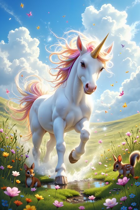 A hyper-realistic portrait, photorealistic photo close-up image of A baby unicorn with a shimmering golden horn and a mane of pastel rainbow colors prances through a meadow of wildflowers, each step causing a little cloud of sparkling dust to puff up around its tiny hooves. The unicornâs big, sparkling eyes are full of wonder as it explores the meadow, sniffing at the colorful flowers and chasing after fluttering butterflies. The sky above is a brilliant shade of blue, dotted with fluffy white clouds that seem to drift lazily across the horizon. A group of woodland creaturesâa bunny, a squirrel, and a fawnâwatch from the edge of the meadow, their eyes wide with curiosity as the baby unicorn trots by. The unicorn spots a small puddle and pauses to take a drink, its reflection shimmering in the water as a gentle breeze ruffles its mane. The scene is a perfect picture of innocence and magic, where every detail adds to the enchanting atmosphere. The baby unicorn, with its playful energy and delicate beauty, looks like a creature straight out of a fairy tale. (high-resolution, dynamic, energetic, dramatic lighting, shallow depth of field.), detailmaximizer<lora:DnDDarkestFantasy:0.5><lora:FluxMythP0rtr4itStyle:0.75><lora:Dever_Flux_Enhancer:0.5><lora:Aura_Flux-000010:0.6>